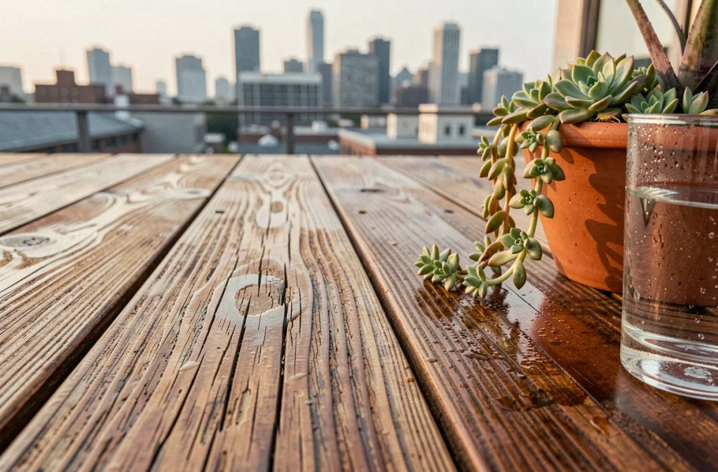 Détail de lames en teck vieilli sur une terrasse urbaine avec plantes succulentes et vue sur la ville