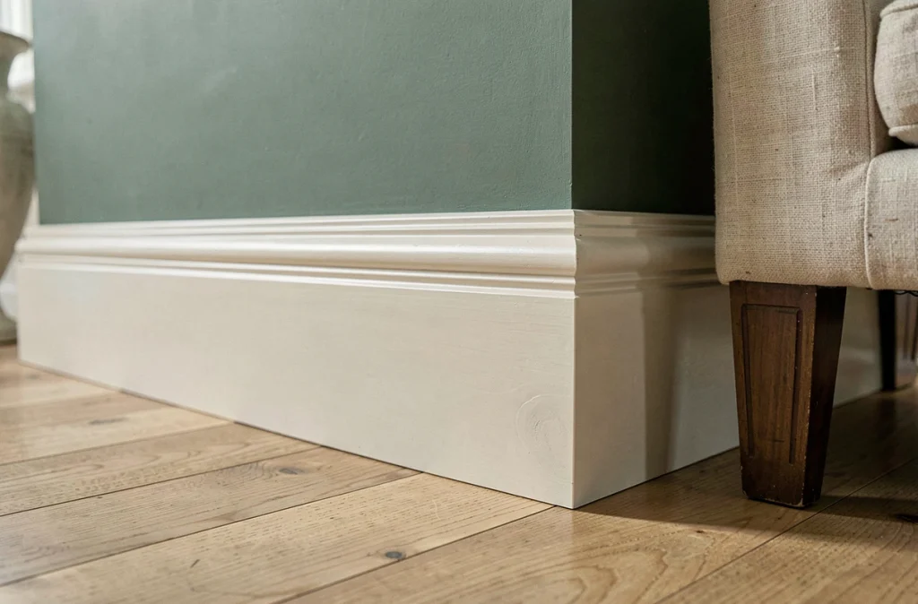 Détail de plinthe haute en bois peint blanc cassé avec profil en ogive sur mur vert sauge et parquet chêne clair dans un intérieur raffiné