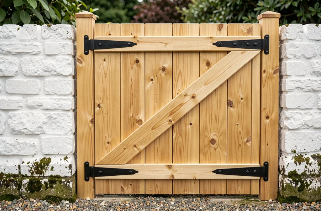 Gros plan sur les planches en bois et les ferrures d'un portillon de jardin installé sur un mur en pierre