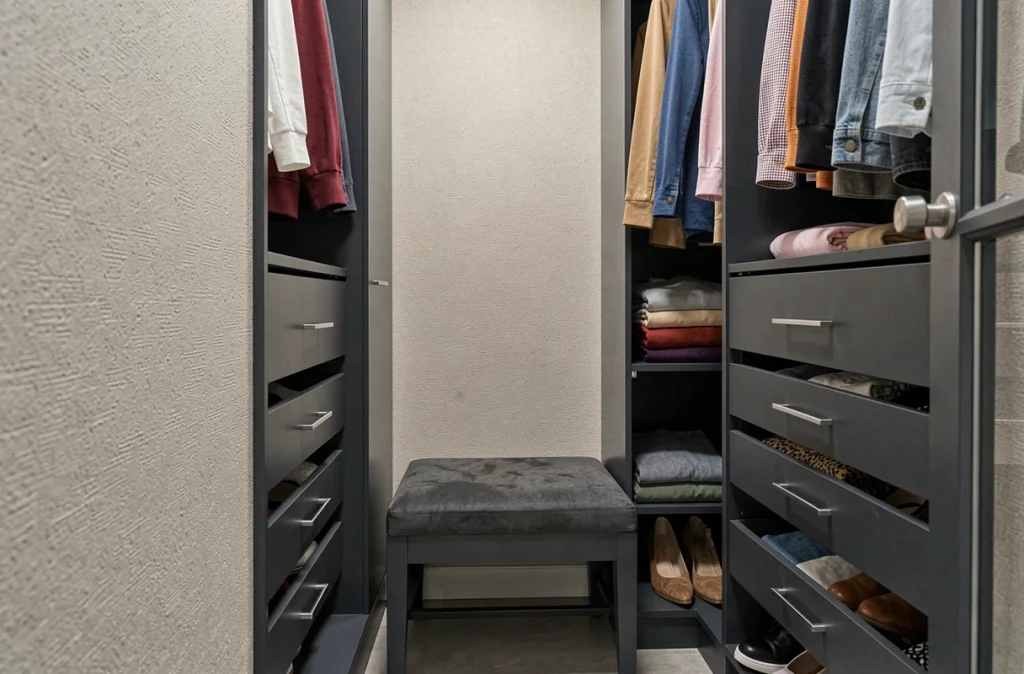Détail d'un coin dressing compact pour deux personnes avec rangements pull-out, tiroirs à bijoux et banc central dans un espace de 180 cm de large
