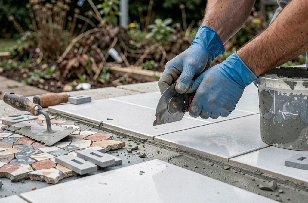 Gros plan sur le remplacement de carreaux fissurés par de nouveaux carreaux lors de la rénovation d'une piscine extérieure