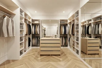 Dressing 2 personnes bien organisé avec doubles penderies, rangements ouverts et ilot central en bois clair dans un espace compact de 4 m²