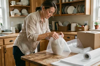 Femme emballant soigneusement un vase en céramique avec du papier bulle avant un déménagement