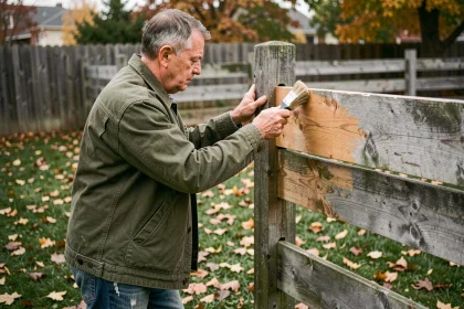Homme appliquant un produit protecteur sur une clôture en bois abîmée par les intempéries dans un jardin en automne
