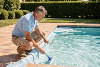 Homme entretenant le liner de sa piscine avec une brosse, bord de piscine en pierre en été
