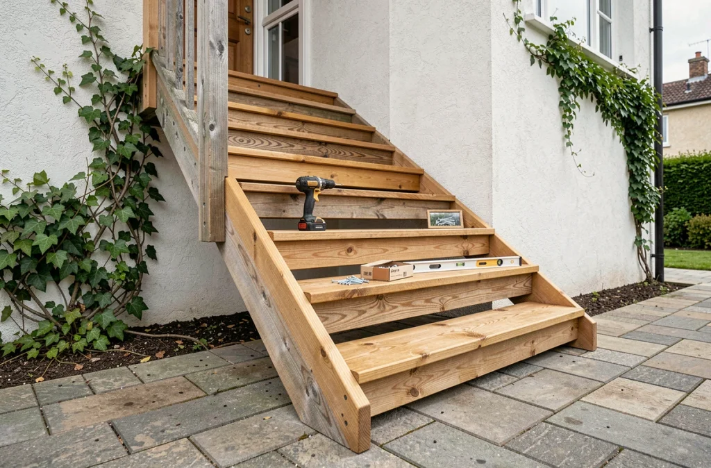 Escalier extérieur en bois partiellement rénové avec outils de bricolage posés sur le palier supérieur