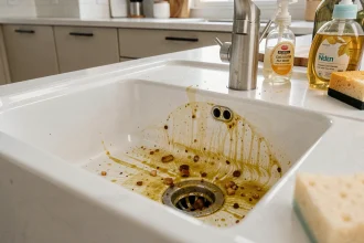 Évier de cuisine bouché par la graisse avec résidus visibles autour du siphon