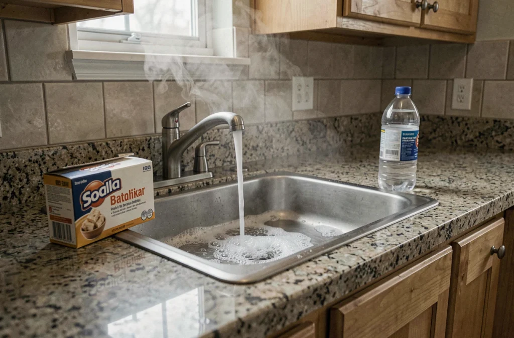 Évier débouché avec de l'eau qui s'écoule après traitement au bicarbonate de soude