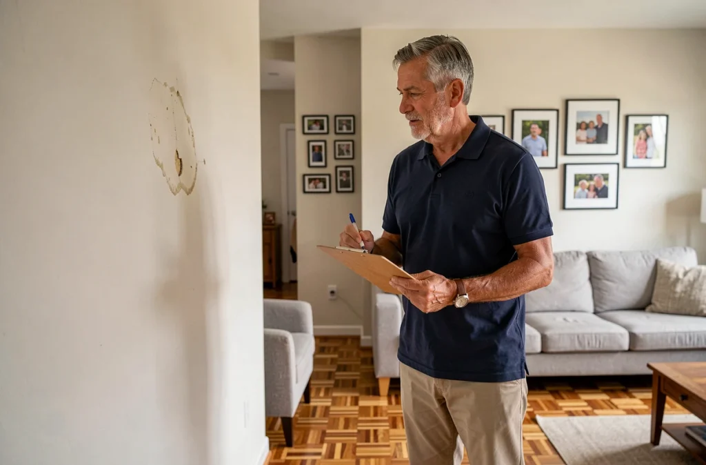 Expert inspectant un dégât des eaux dans un salon de maison individuelle pour une déclaration de sinistre