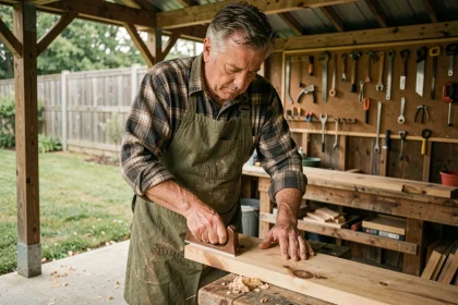 Homme en tablier de lin ponçant une planche de chêne brut pour fabriquer un banc de jardin en bois dans un atelier rustique