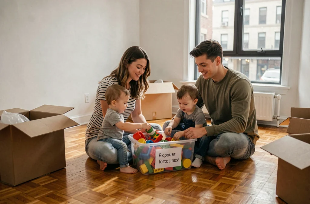 Jeune famille avec deux enfants en bas âge qui trient des jouets dans des cartons lors de leur installation dans un nouvel appartement