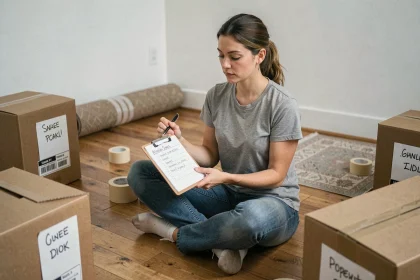 Femme assise sur le sol d'un salon vide entourée de cartons de déménagement étiquetés, consultant une check-list sur un clipboard