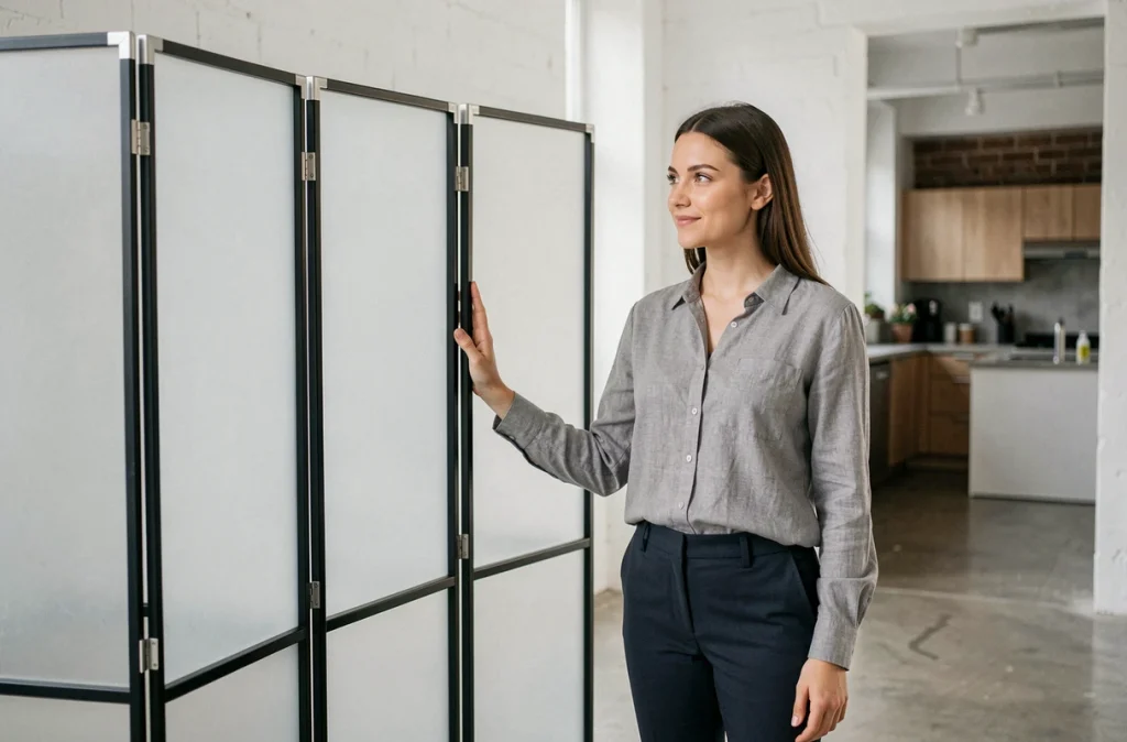 Femme installant une cloison accordéon amovible dans un studio pour créer deux espaces distincts