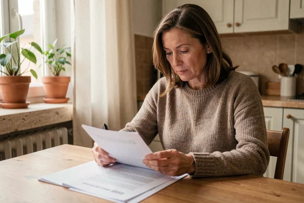 Femme consultant son contrat d'assurance habitation GMF à la table de sa cuisine