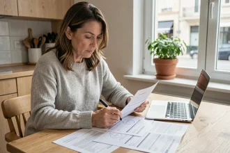 Femme consultant des contrats d'énergie à table avant un déménagement