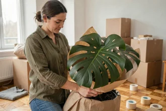 Femme emballant une grande plante monstera dans du papier kraft lors d'un déménagement dans un appartement