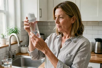 Femme examinant une cartouche de filtre à eau dans une cuisine moderne avec évier en inox