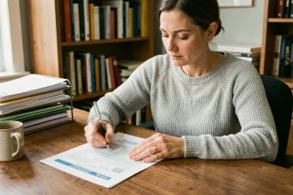 Femme remplissant un formulaire officiel de changement d'adresse à son bureau à domicile