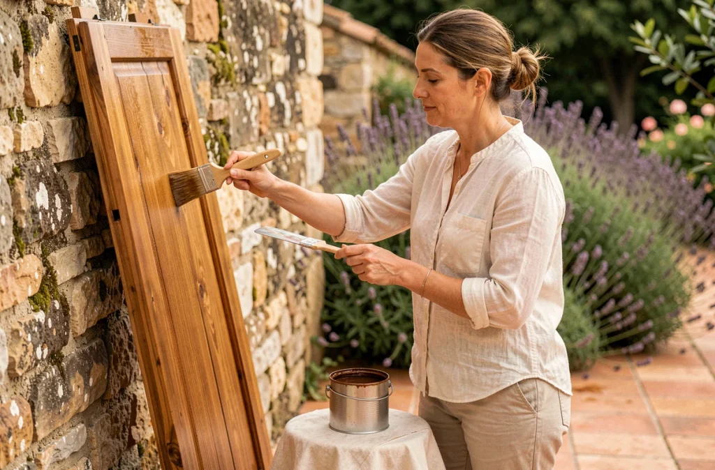 Femme appliquant une lasure protectrice sur un volet en bois dans un jardin provençal ensoleillé