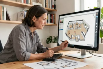 Femme utilisant un logiciel de plan 3D comme Kazaplan pour concevoir un projet de rénovation d'appartement sur ordinateur