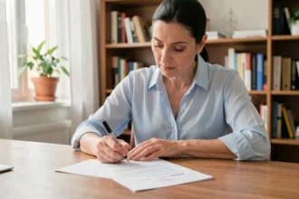Femme signant une attestation de domicile sur l'honneur à son bureau à domicile