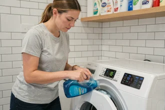 Femme versant une lessive liquide dans le tiroir d'un lave-linge moderne à cycle court dans une buanderie contemporaine