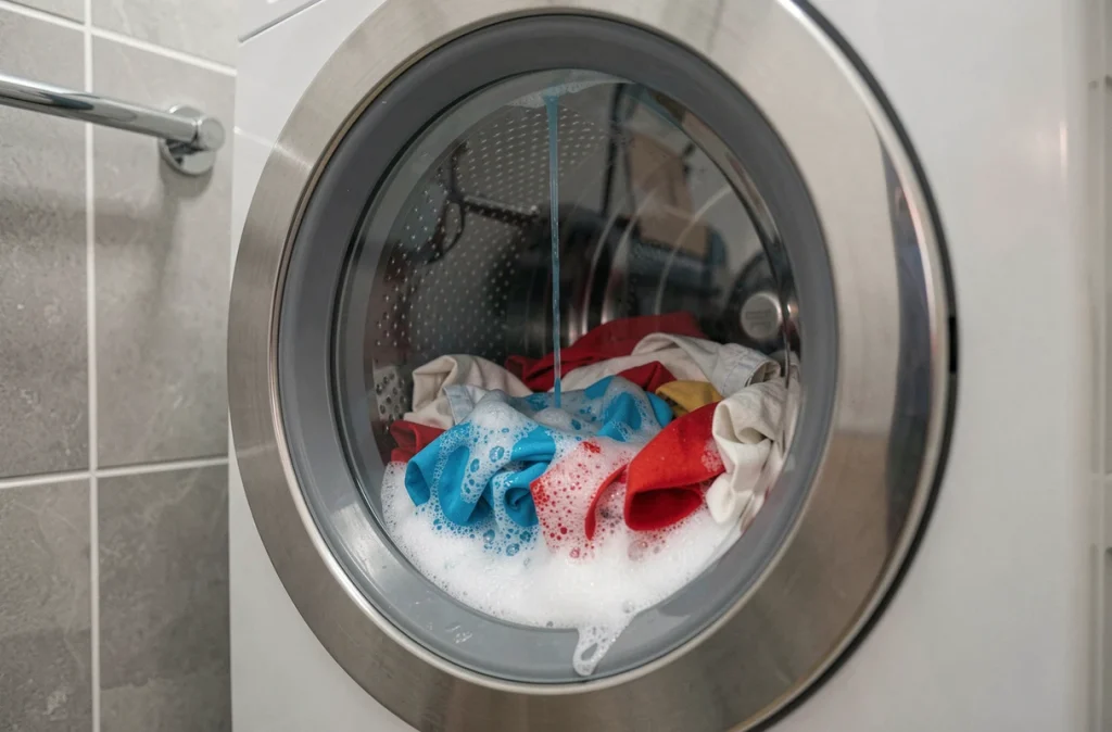 Gros plan sur le hublot d'un lave-linge moderne avec lessive liquide en dissolution pendant un cycle court
