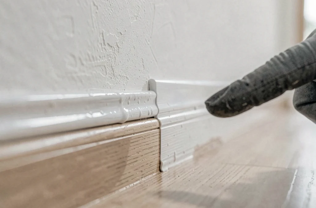 Gros plan d'un joint acrylique en cours d'application et de lissage à la jonction entre une plinthe en bois et un mur peint en blanc