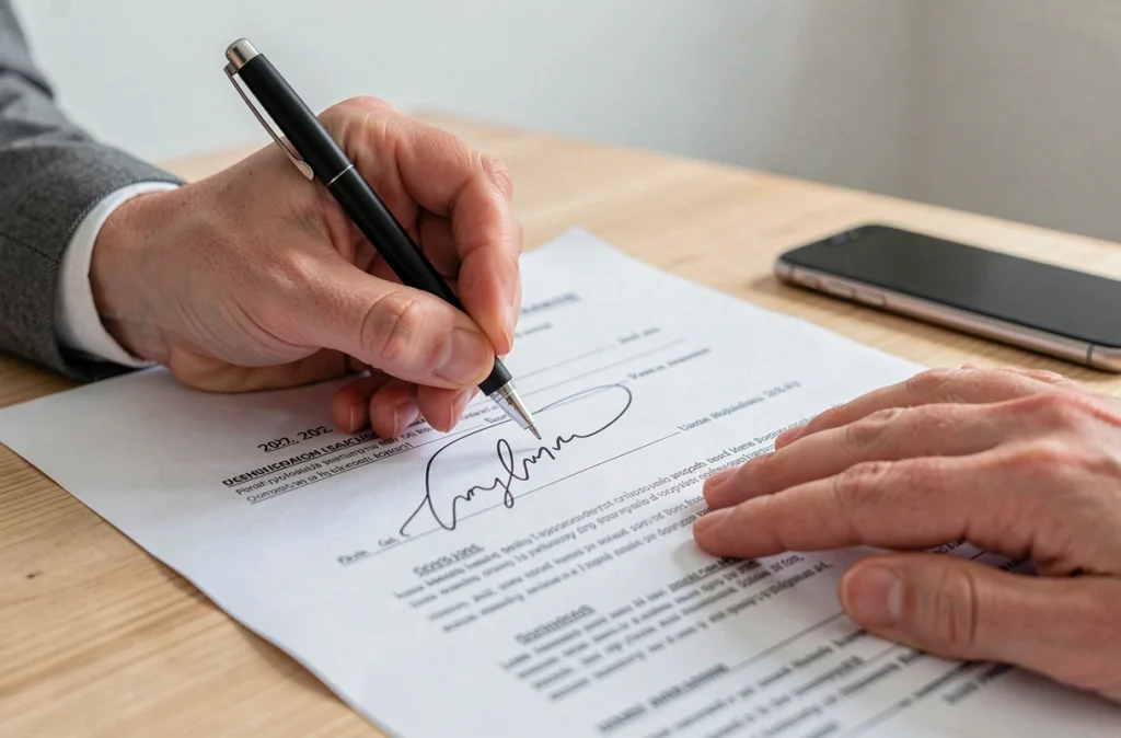 Gros plan sur une signature et une date manuscrite apposées sur une attestation de domicile sur l'honneur