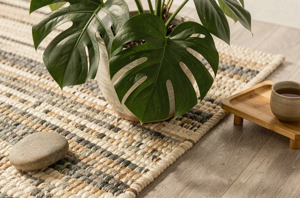 Gros plan sur un tapis japonisant tissé avec plante monstera et accessoires en céramique et bambou