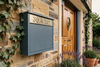 Boîte aux lettres habillée en ardoise bleue avec numéros de maison en laiton brossé sur mur en pierre