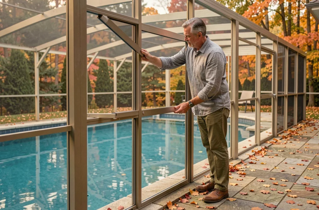 Homme ouvrant un abri de piscine rétractable en automne avec des feuilles mortes sur la terrasse