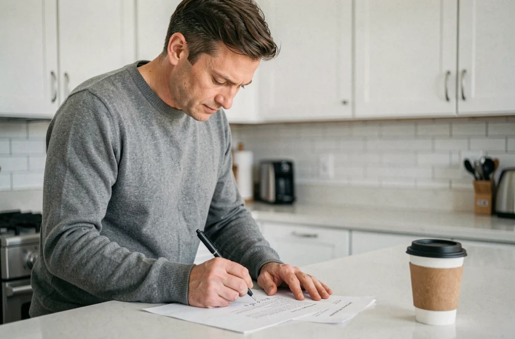 Homme datant un document officiel d'attestation sur l'honneur dans une cuisine moderne