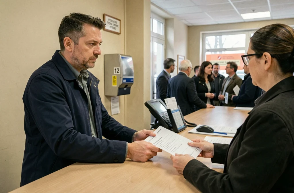 Homme déposant un document de changement d'adresse au guichet de La Poste