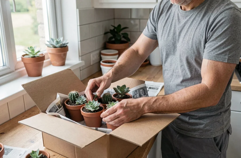 Homme emballant des succulentes et des cactus dans une boîte en carton avant un déménagement