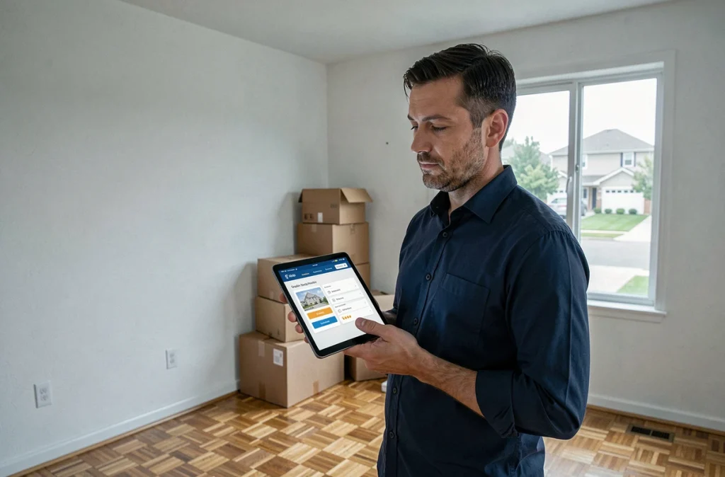 Homme comparant des offres d'énergie sur tablette dans un appartement vide lors d'un déménagement