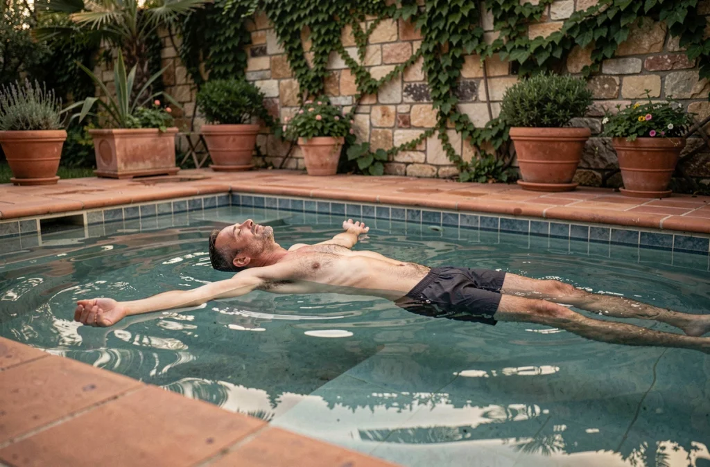 Homme se relaxant dans une piscine chauffée en soirée d'automne dans un jardin méditerranéen