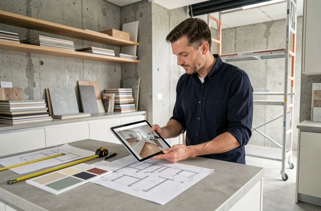Homme comparant un plan papier à une modélisation 3D de cuisine sur tablette lors d'un projet de rénovation avec Kazaplan