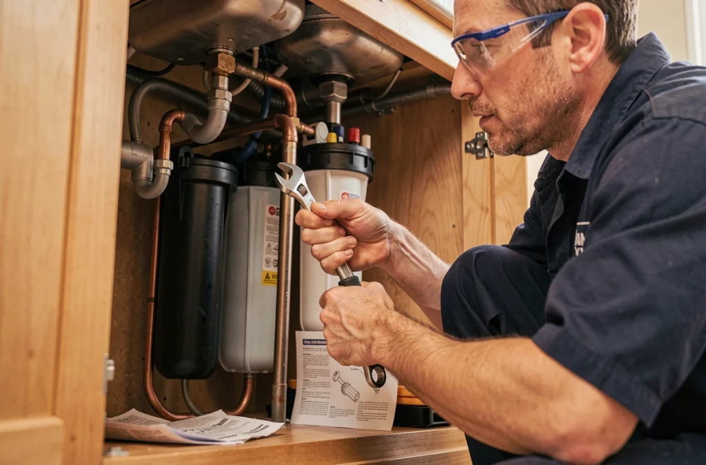 Plombier installant un système de filtration d'eau sous un évier dans une cuisine résidentielle