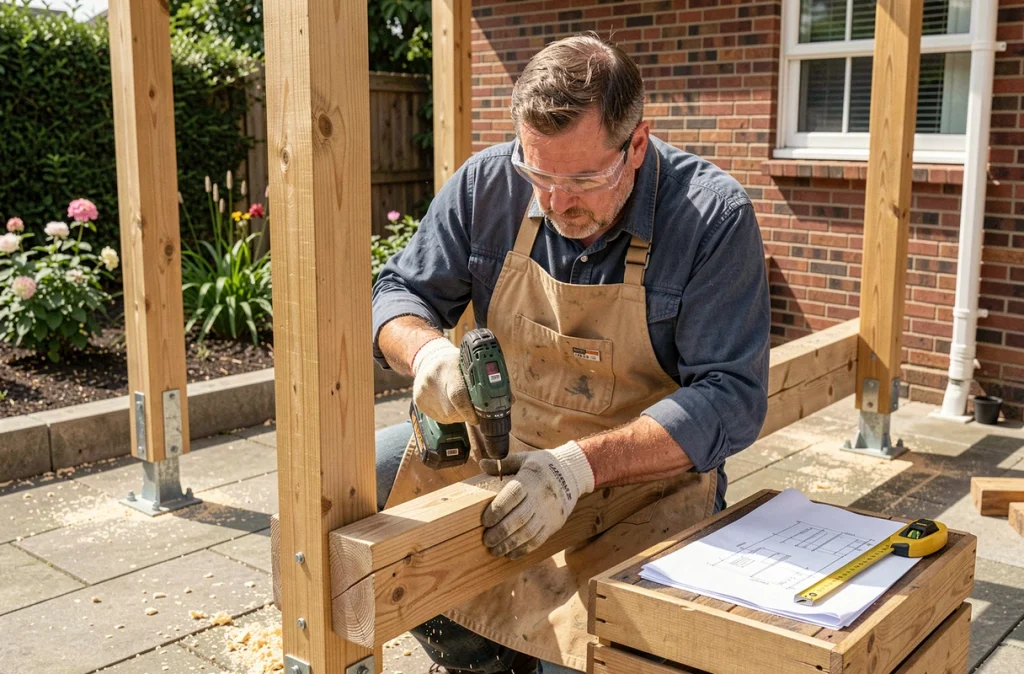 Artisan installant une pergola en bois dans un jardin lors d'un chantier DIY avec perceuse et plans