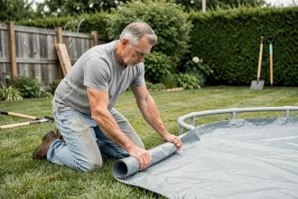Homme installant une piscine hors sol dans son jardin en déroulant le liner sur la pelouse
