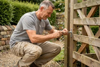 Homme installant un portillon en bois dans un jardin avec une haie verte en arrière-plan