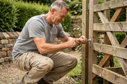 Homme installant un portillon en bois dans un jardin avec une haie verte en arrière-plan