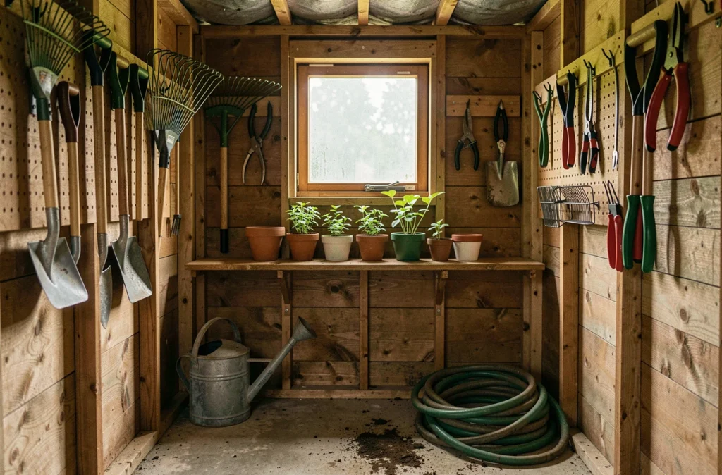 Intérieur organisé d'un abri de jardin avec outils accrochés sur un panneau perforé et étagères en bois