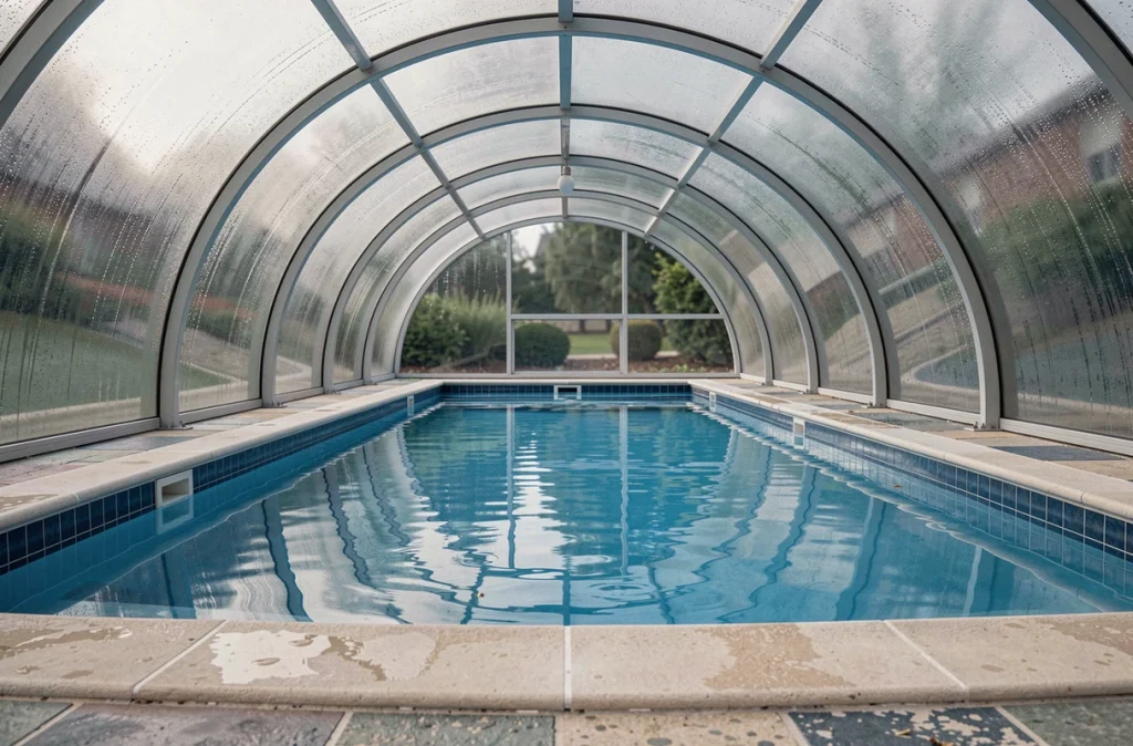 Vue intérieure d'un abri de piscine en dôme polycarbonate avec reflets sur l'eau et atmosphère humide réaliste
