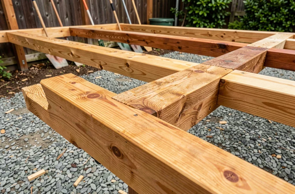 Gros plan sur des lambourdes et solives en différentes essences de bois posées sur une structure de terrasse extérieure en construction