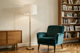Lampadaire halogène à pied design en laiton brossé avec abat-jour en tissu blanc dans un salon moderne au parquet bois