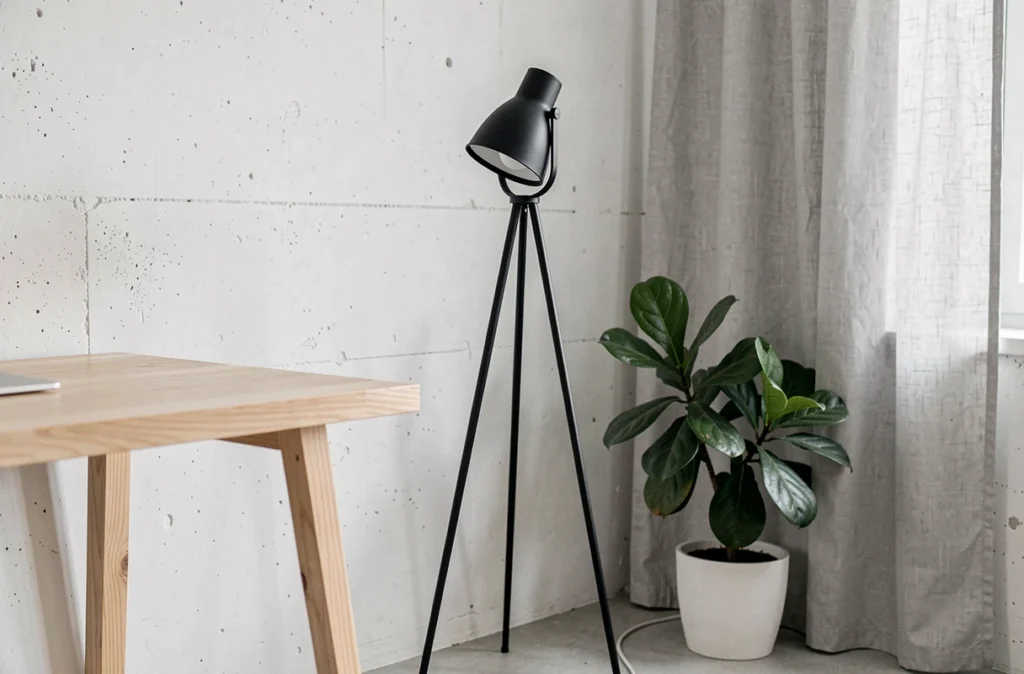 Lampadaire halogène trépied design noir mat dans un bureau scandinave minimaliste avec rideau en lin gris