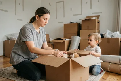Jeune mère qui prépare des cartons de déménagement avec son enfant en bas âge dans un salon à moitié vidé