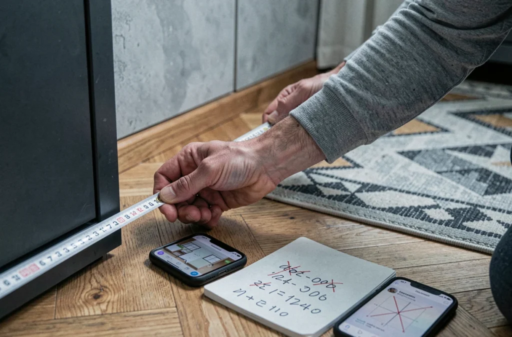 Homme mesurant précisément un meuble TV d'angle en bois avant achat pour éviter les erreurs de dimensions dans un appartement